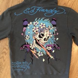 😉 ED HARDY Blue-Gray Hoodie! Tattoo back screen